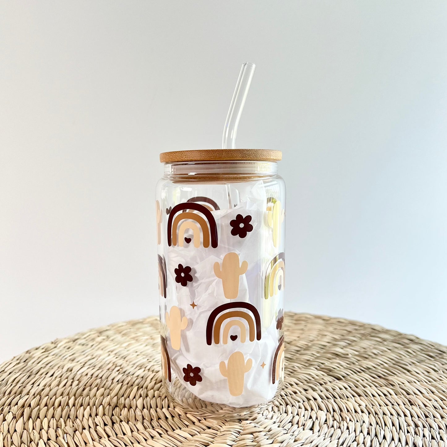 Boho Rainbow 16 oz Glass Can Cup