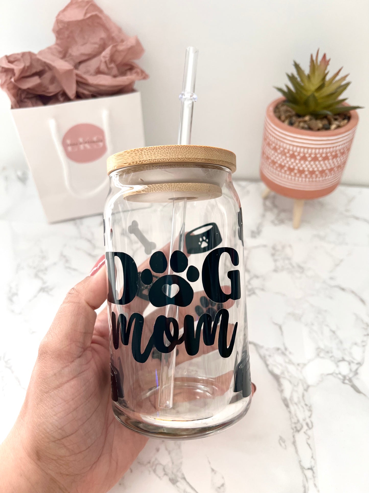 Dog Mom 16 oz Glass Can Cup