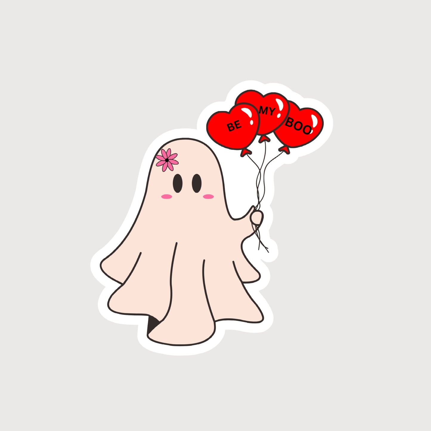 A ghost with a pink flower holding three hearts Red balloons with the quote BE MY BOO written