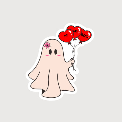 A ghost with a pink flower holding three hearts Red balloons with the quote BE MY BOO written