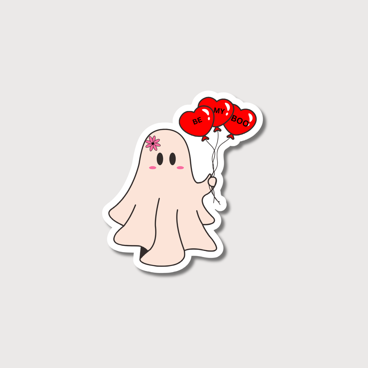 Cartoon ghost holding red balloons with 'Be My Boo' text on a light gray background