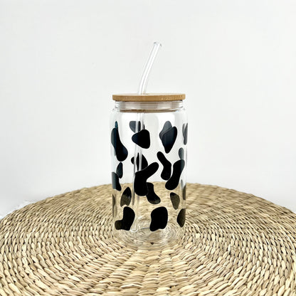 Black Cow Print Pattern 16 oz Glass Can Cup