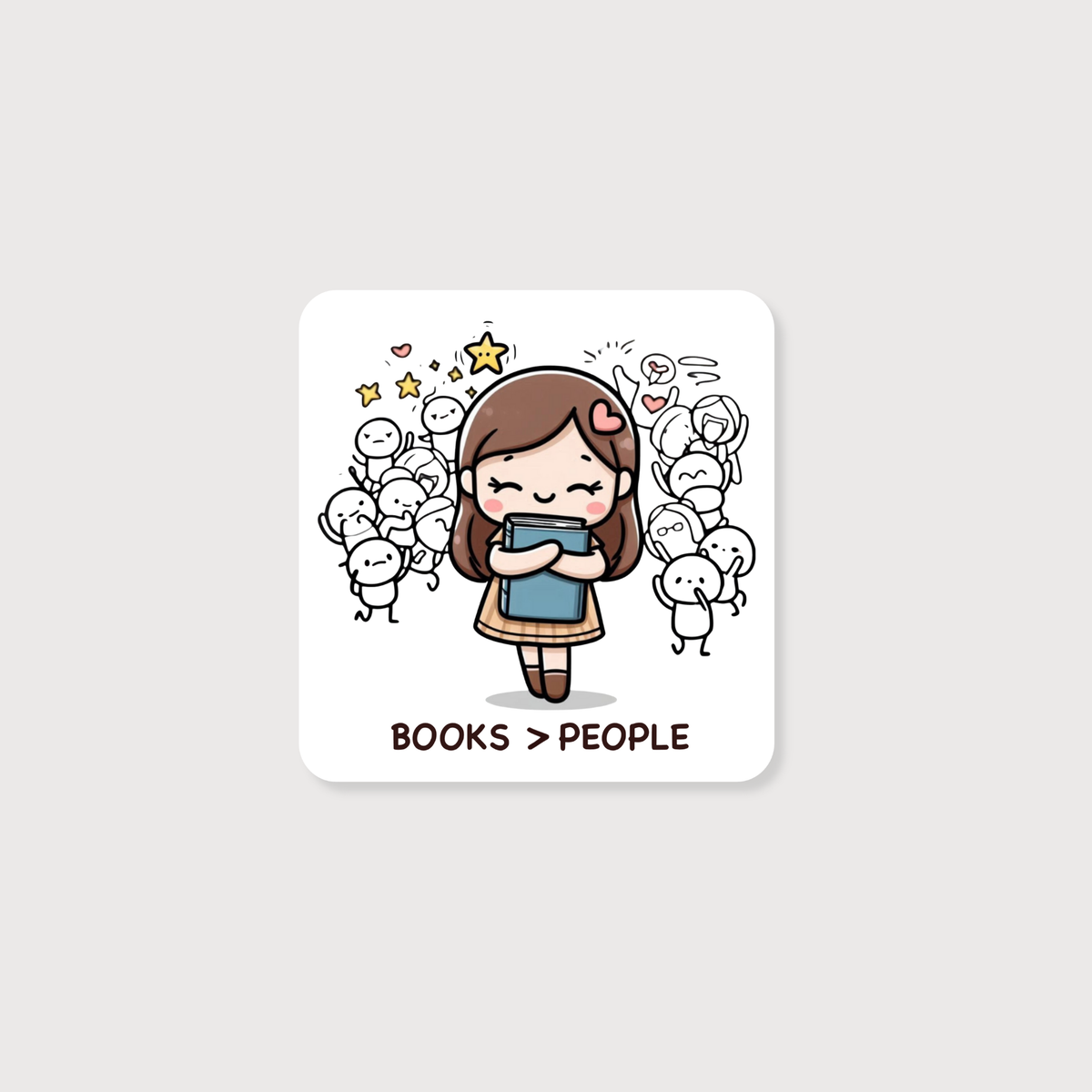 A square sticker with rounded corners featuring a cute cartoon illustration of a girl holding a blue book, surrounded by small white stick-figure-like characters. The text 'BOOKS > PEOPLE' is printed below the illustration.