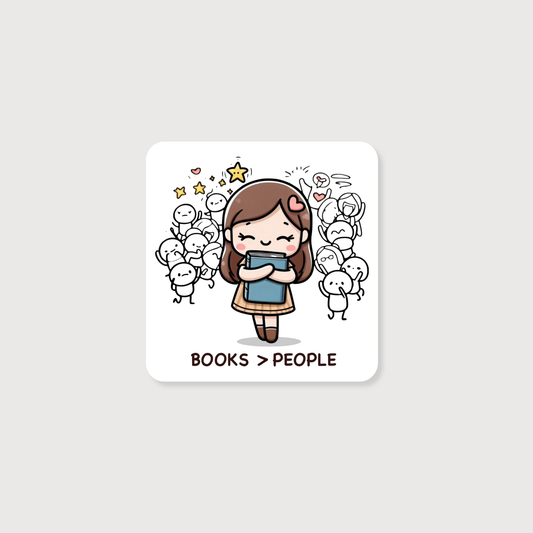 A square sticker with rounded corners featuring a cute cartoon illustration of a girl holding a blue book, surrounded by small white stick-figure-like characters. The text 'BOOKS > PEOPLE' is printed below the illustration.