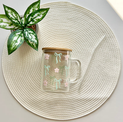 mint pastel Green bows and Light Pink daisies clear glass cup with a handle mug