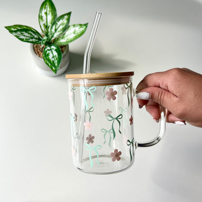 mint pastel Green bows and Light Pink daisies clear glass cup with a handle mug