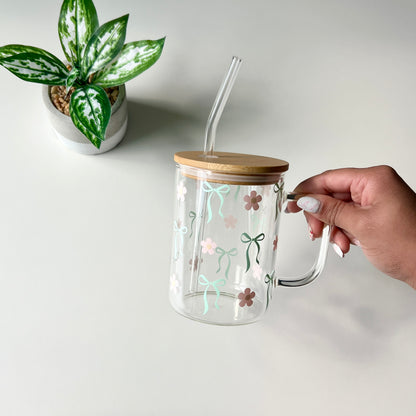 mint pastel Green bows and Light Pink daisies clear glass cup with a handle mug