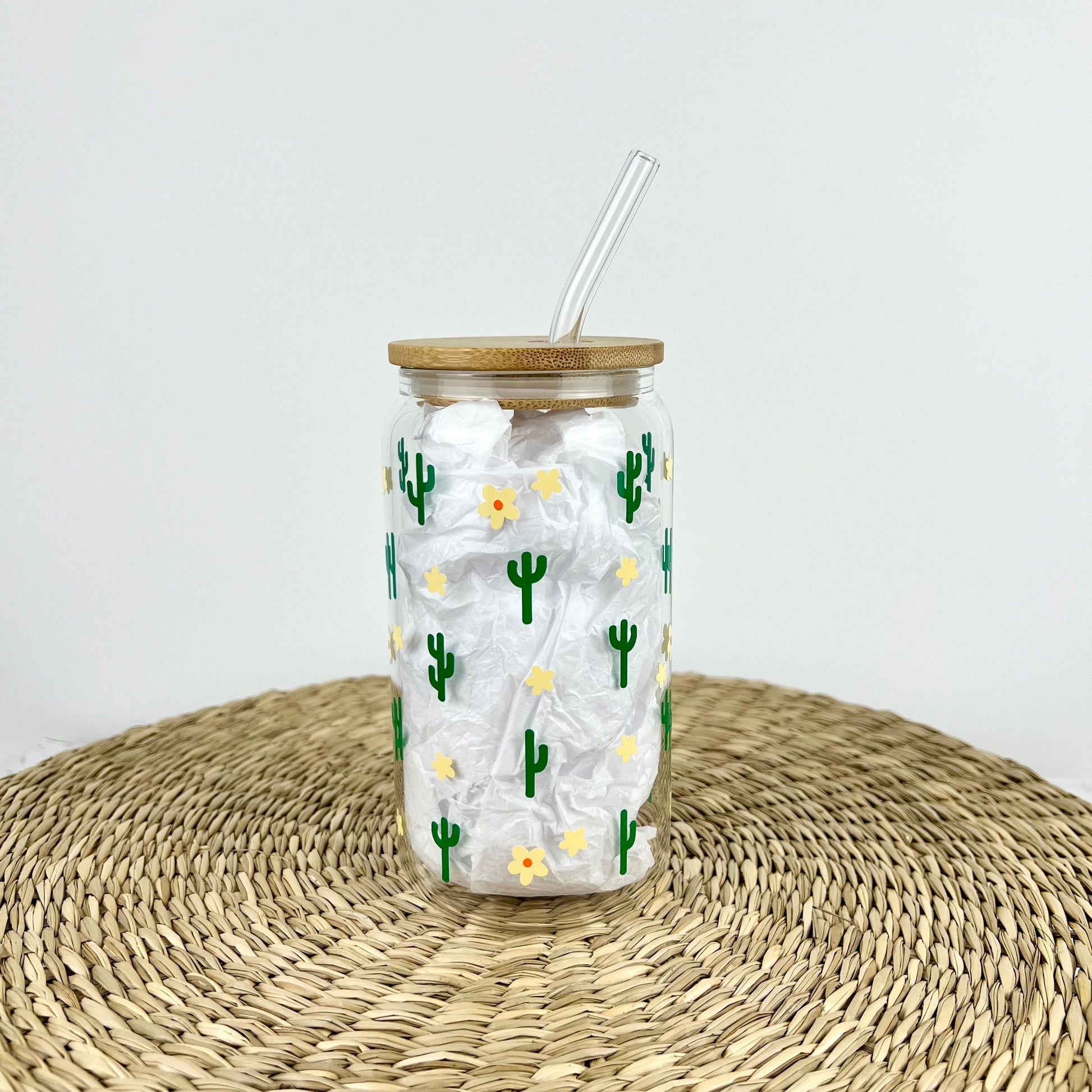 Cacti And Daisies 16 oz Glass Can Cup