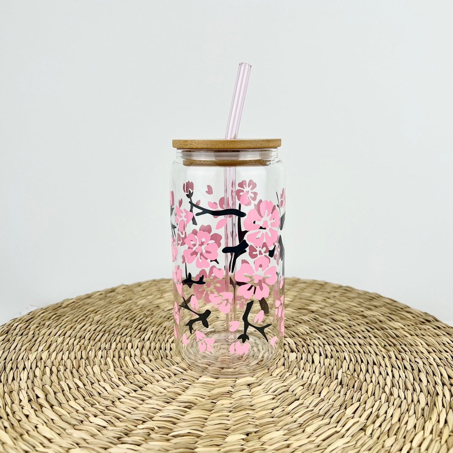 Cherry Blossom 16 oz Glass Can Cup
