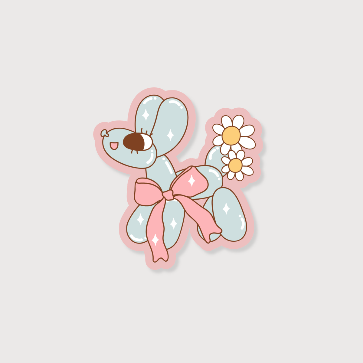 Dog Balloon Cartoon character with a bow and flowers on a light gray background