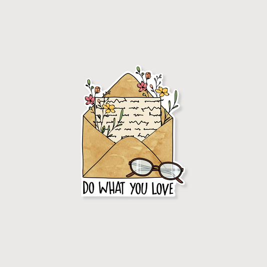 Illustration of an open envelope with flowers, a letter, and glasses, with 'Do What You Love' text on a light gray background.