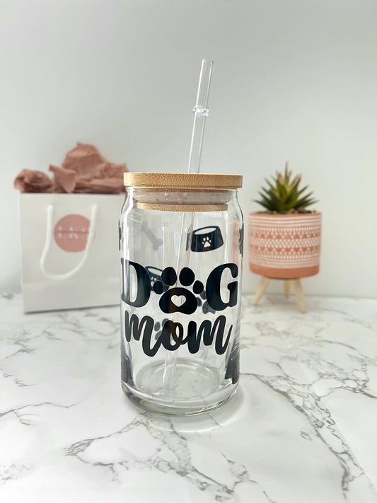 Dog Mom 16 oz Glass Can Cup