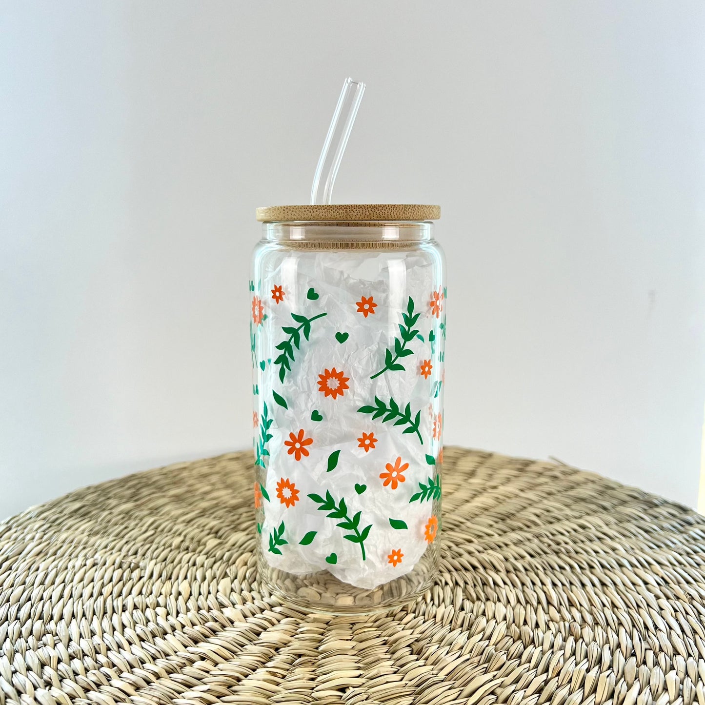 Floral 16 oz Glass Can Cup