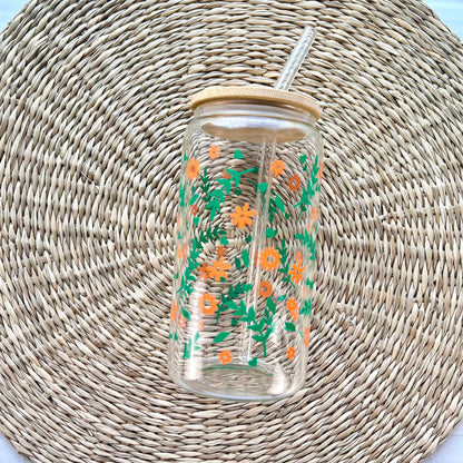 Floral 16 oz Glass Can Cup