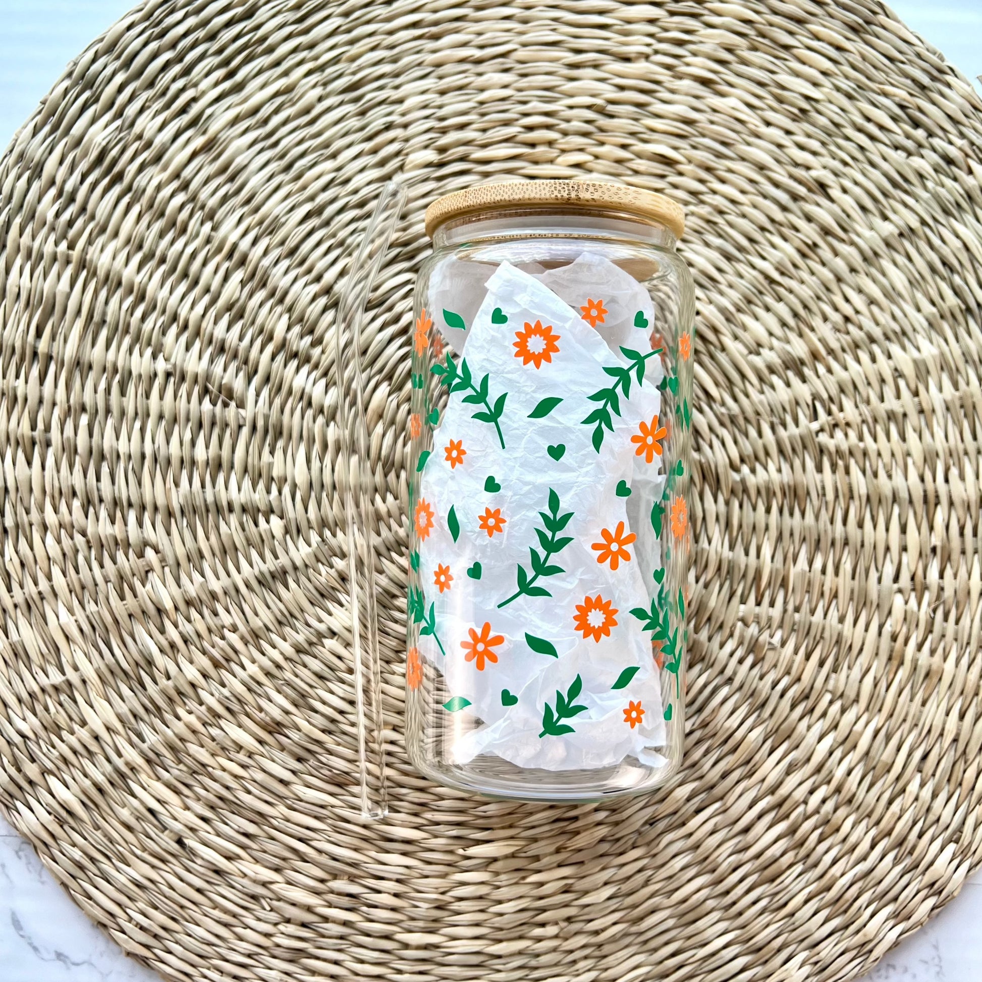 Floral 16 oz Glass Can Cup