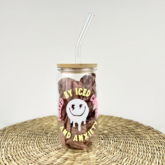 Fueled By Iced Coffee & Anxiety Happy Face 16 oz Glass Can Cup