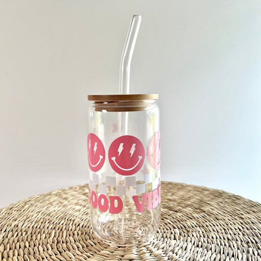 Good Vibes 16 oz Glass Can Cup