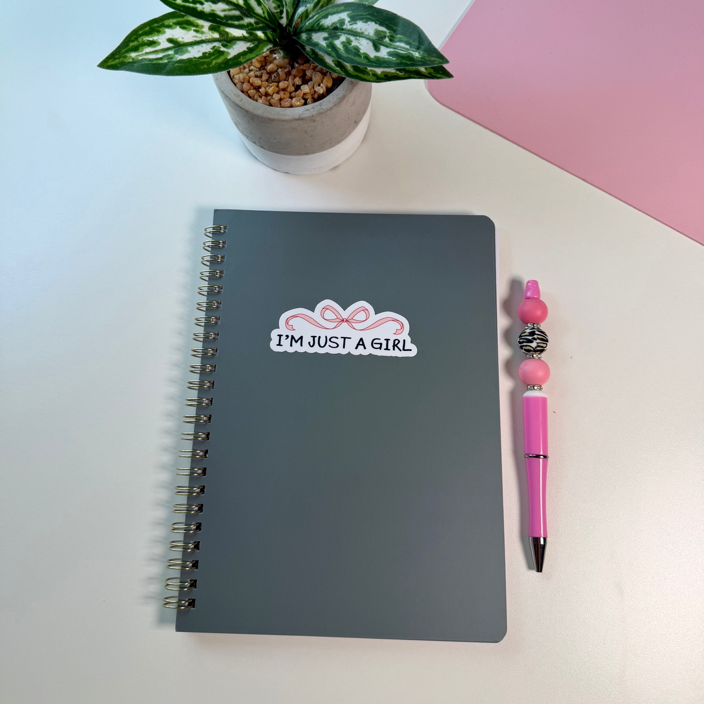 A dark gray spiral notebook with a sticker that reads 'I'M JUST A GIRL' is arranged on a white desk next to a pink pen and a small potted plant.