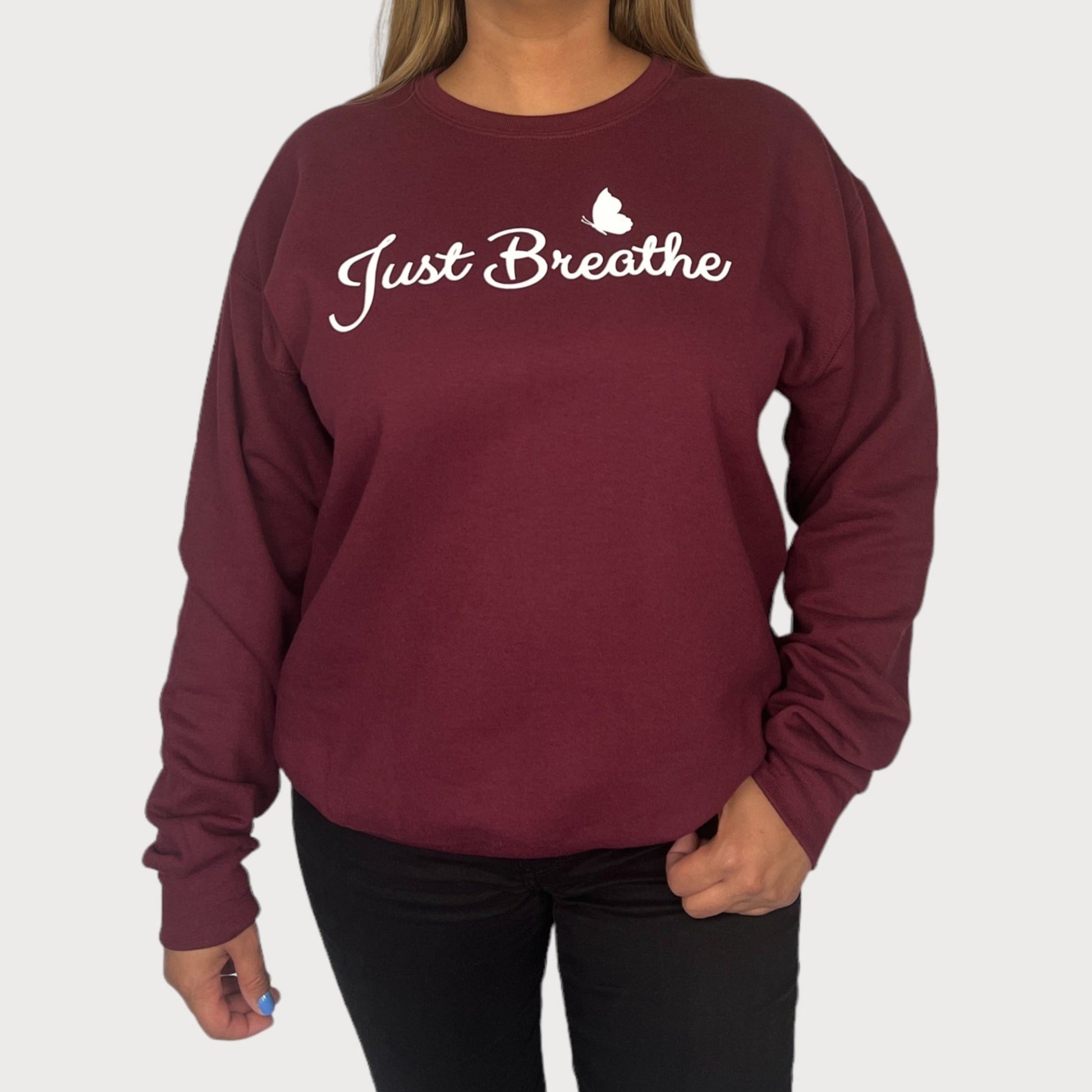 Just Breathe Crewneck Sweatshirt in Maroon color