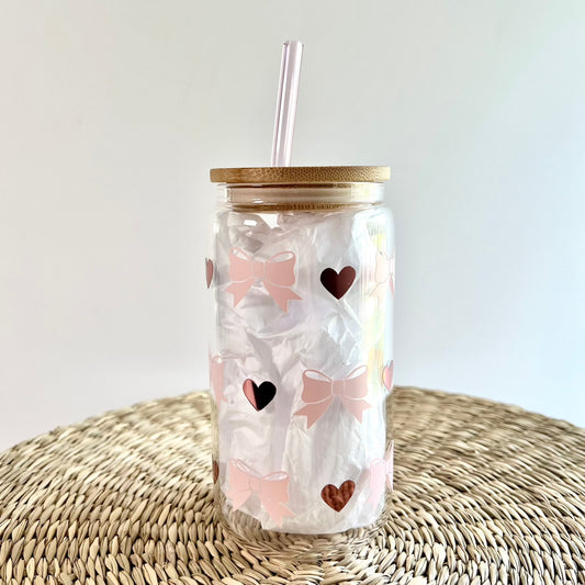 Light Pink Bows And Rose Gold Hearts 16 oz Glass Can Cup