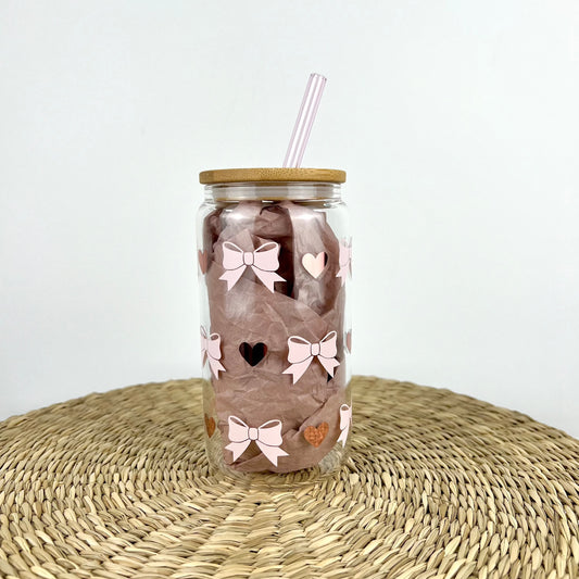 Light Pink Bows And Rose Gold Hearts 16 oz Glass Can Cup
