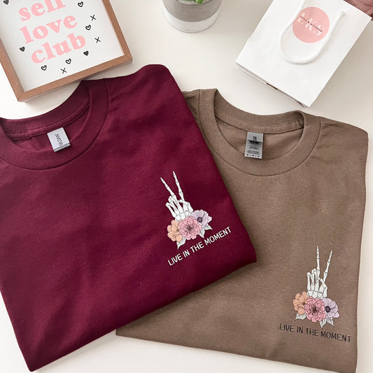 Live In The Moment T-Shirt in Maroon and Savana Brown