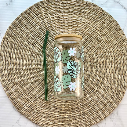 Monstera And Daisies 16 oz Glass Can Cup
