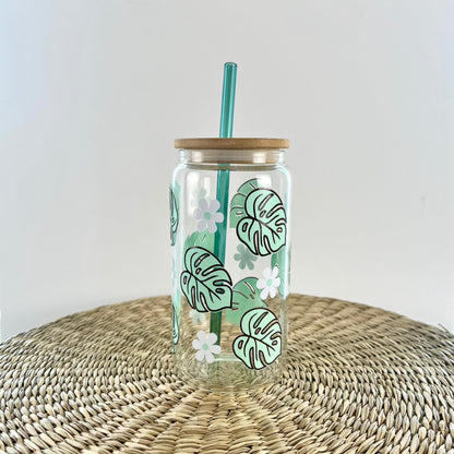 Monstera And Daisies 16 oz Glass Can Cup