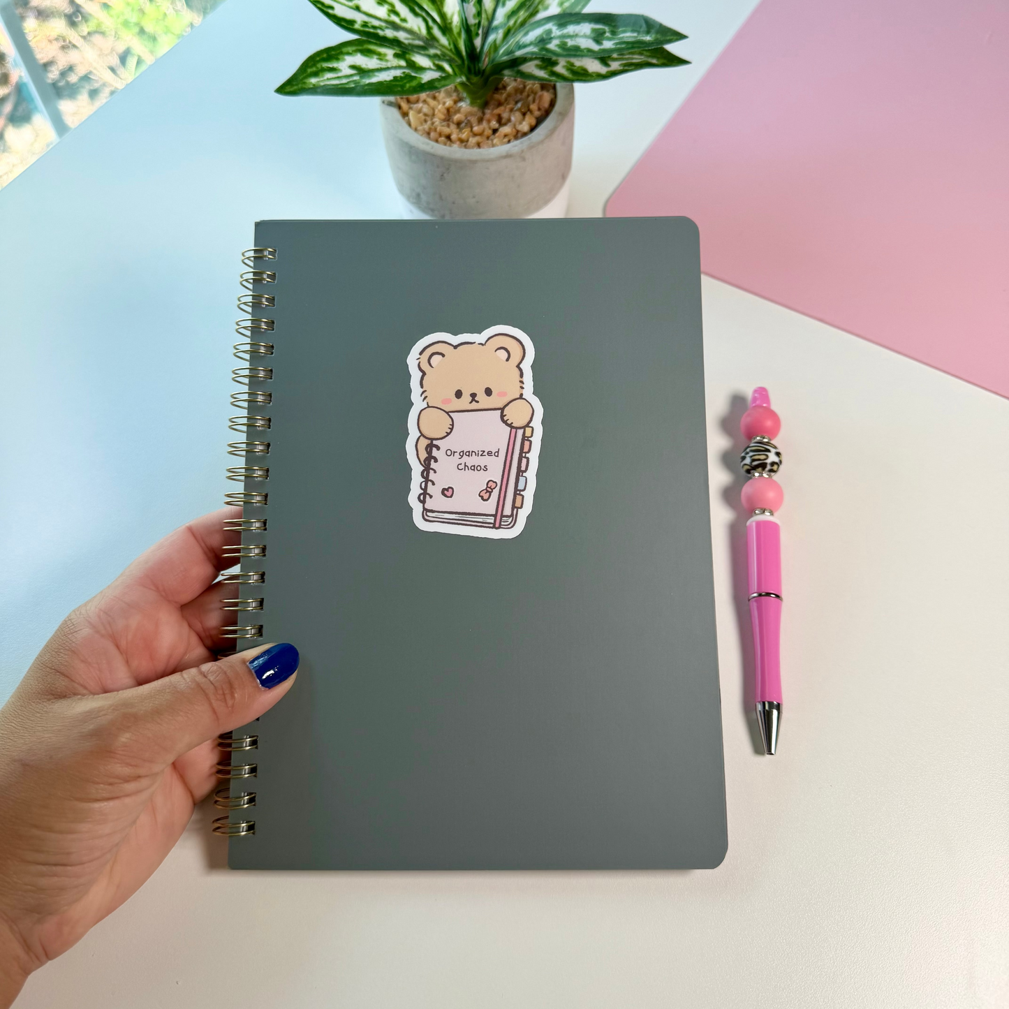 A hand with blue nail polish holds a dark gray spiral notebook with a cute teddy bear sticker. The notebook is on a white desk next to a pink pen and a small potted plant.