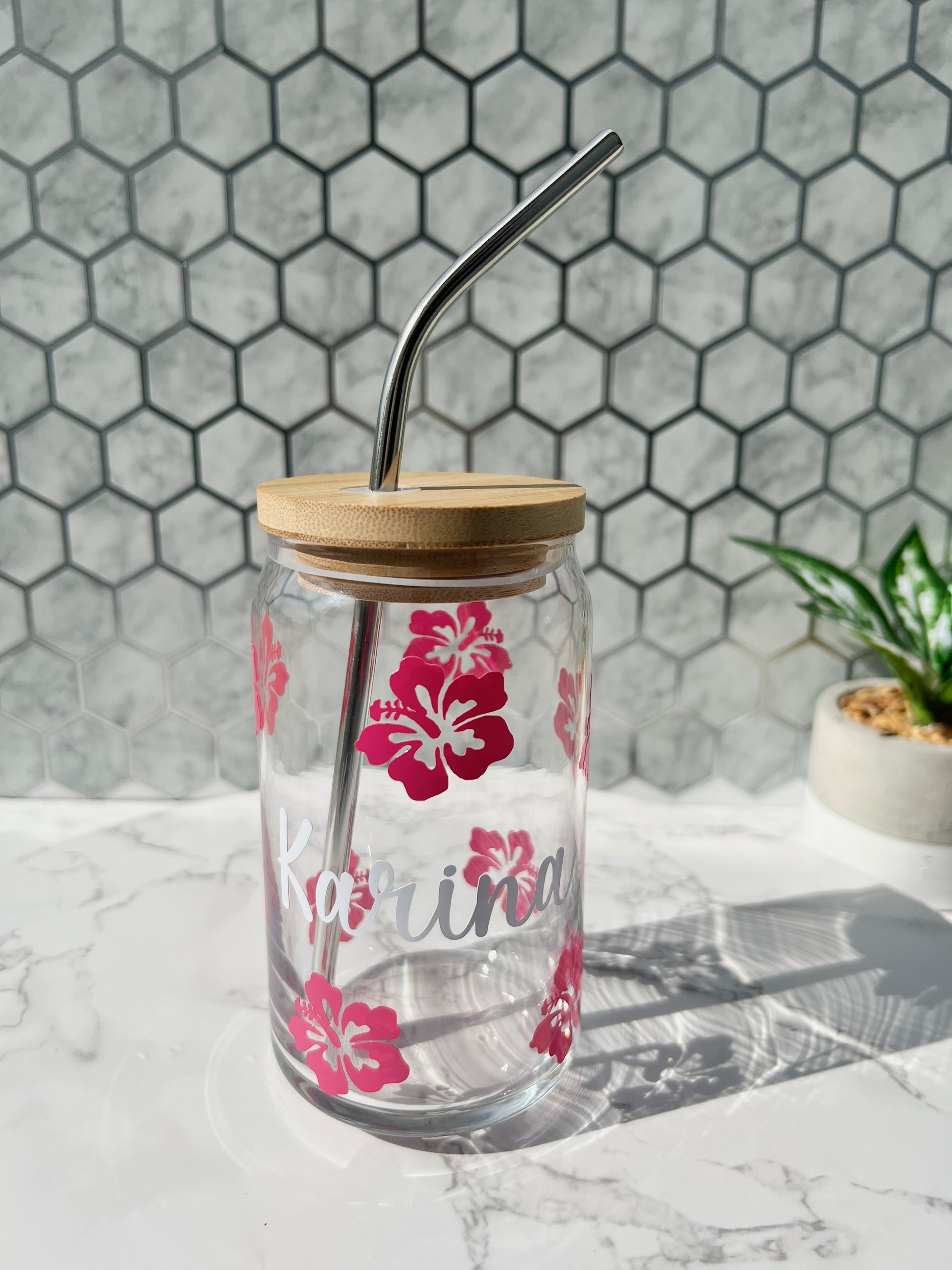 16 oz Happy Flowers Glass Cup with Bamboo Lid and Straw: Libbey Style  Frosted Glass