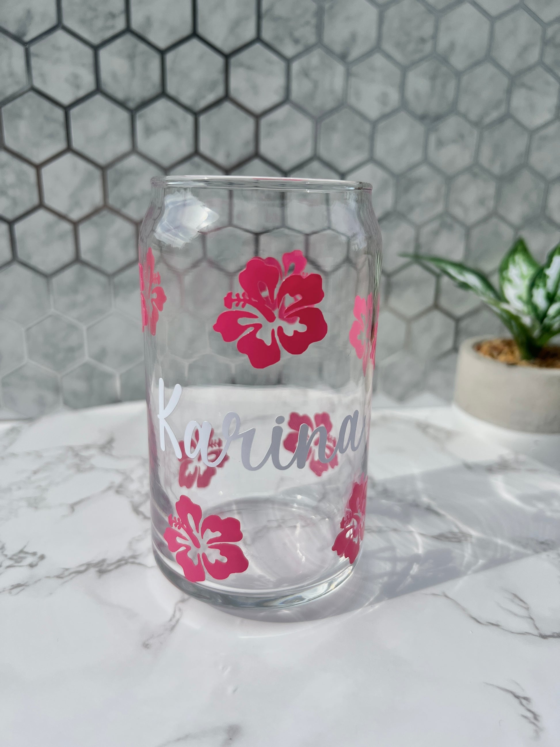 Personalized Fuchsia Hibiscus Flower 16 oz Glass Can Cup