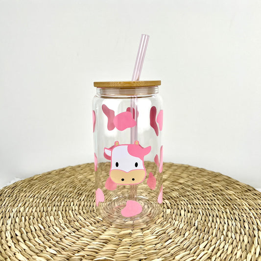 Pink Cow Print 16 oz Glass Can Cup