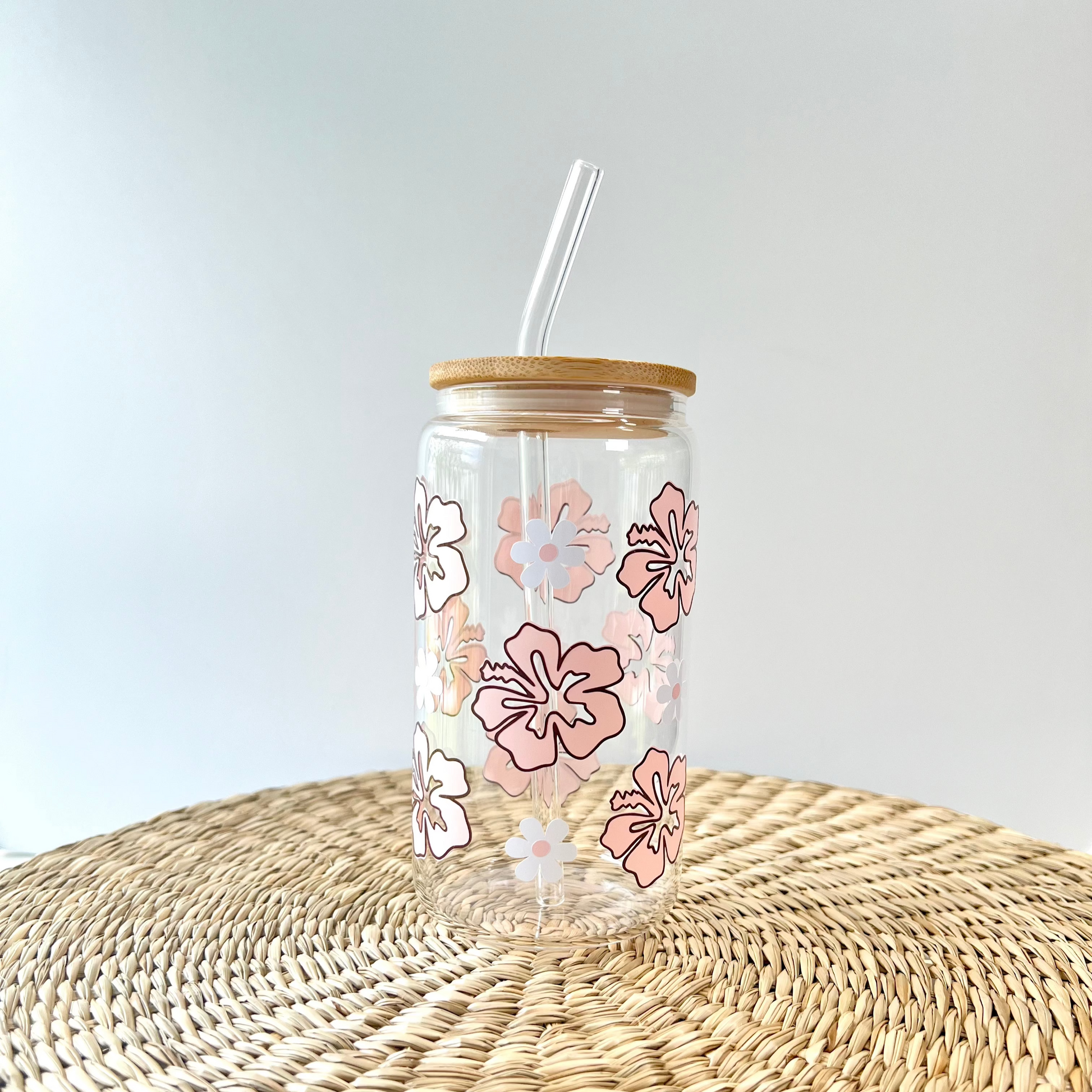 Pink Hibiscus Glass Can Cup