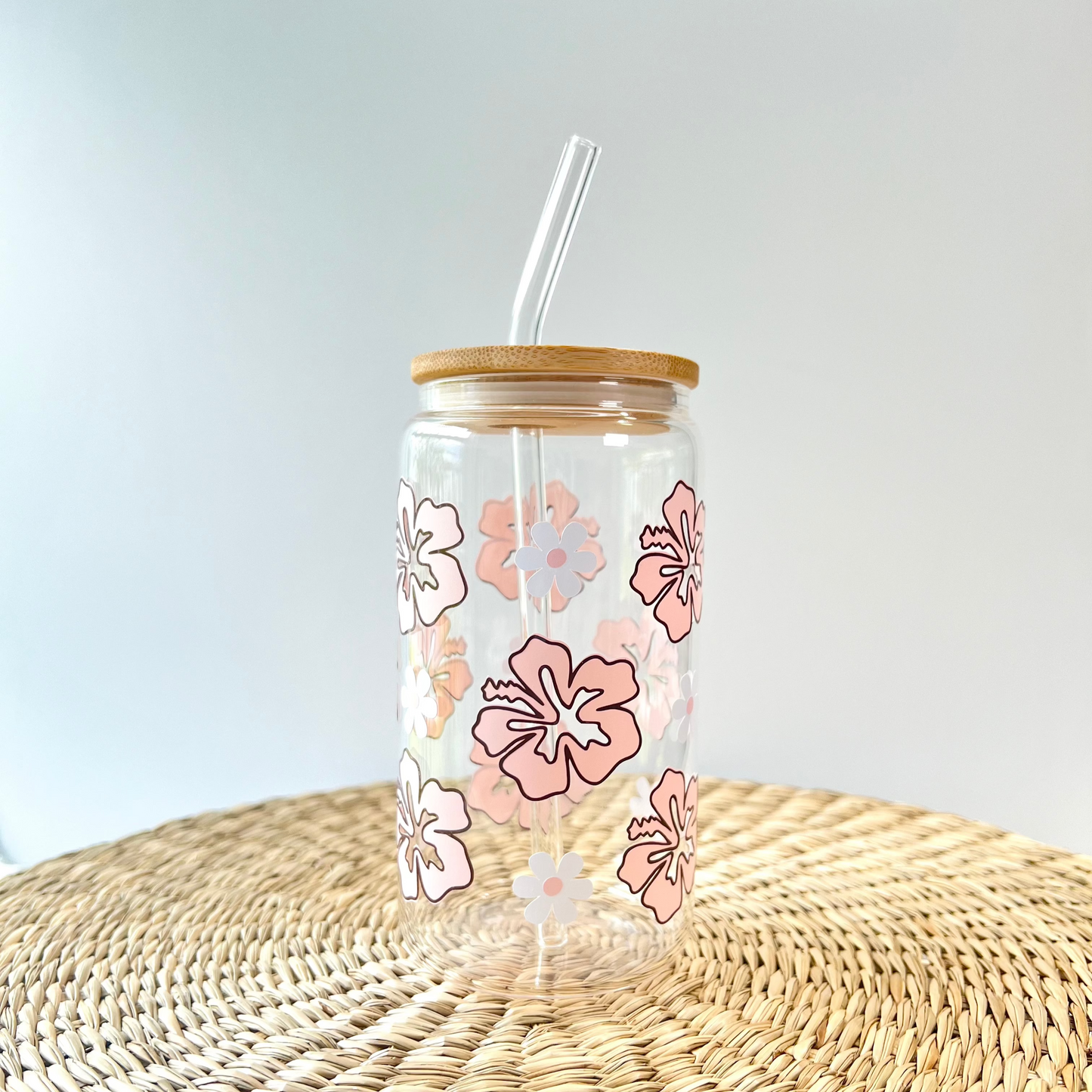 Pink Hibiscus Glass Can Cup