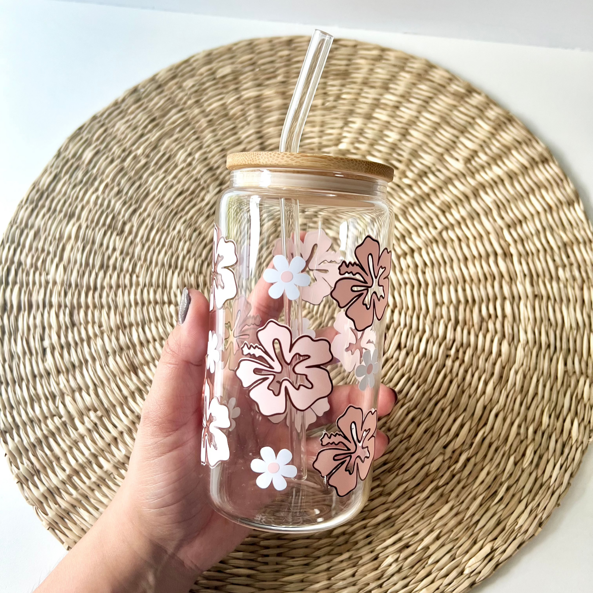 Pink Hibiscus Glass Can Cup