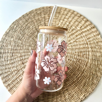 Pink Hibiscus Glass Can Cup