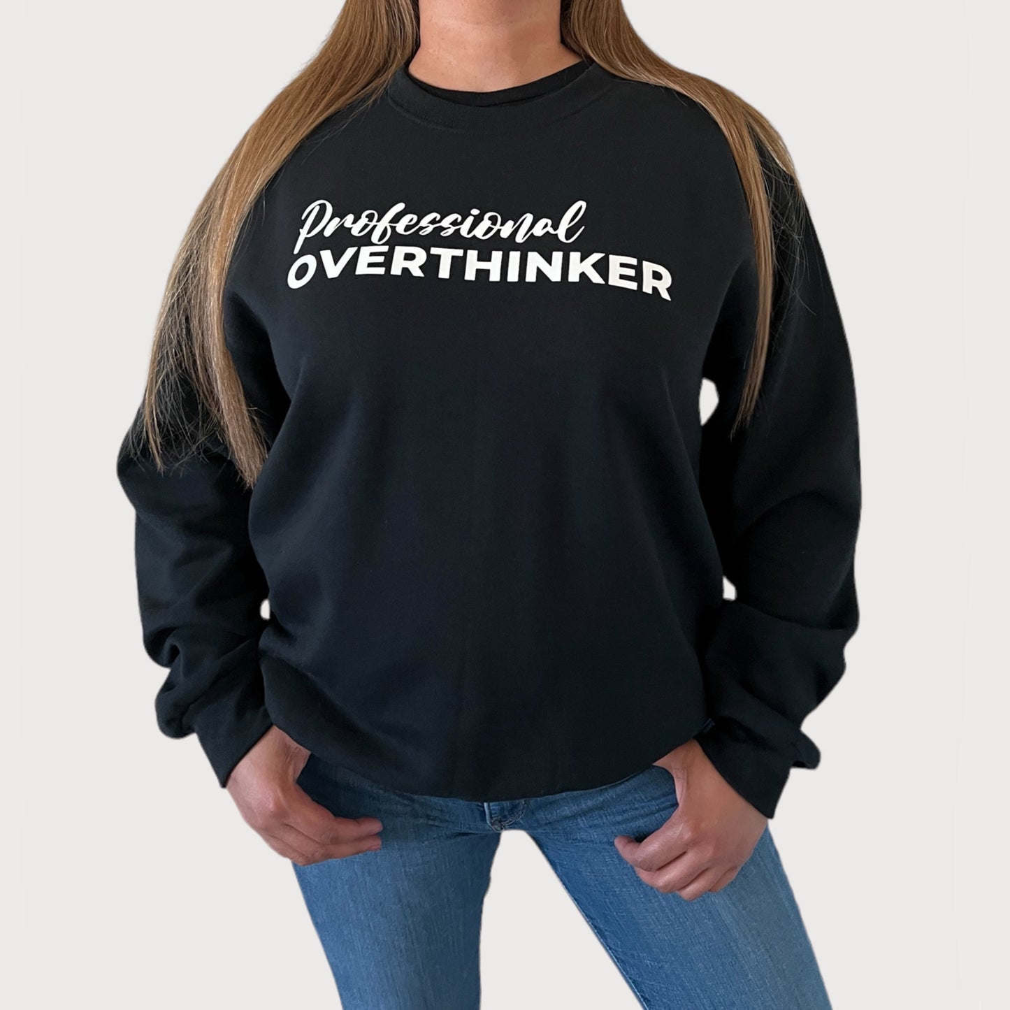 Professional Overthinker Crewneck Sweatshirt in color Black