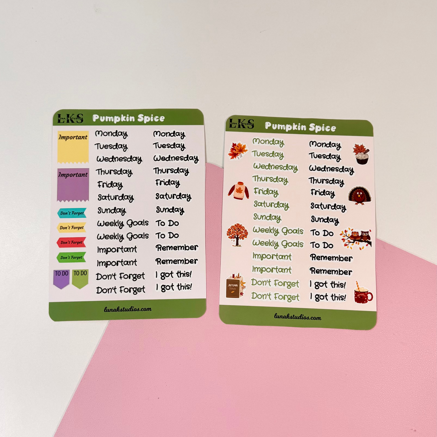 Two small printed planner stickers/cards labeled 'Pumpkin Spice' with colorful lists and icons, placed on a pink and white surface.