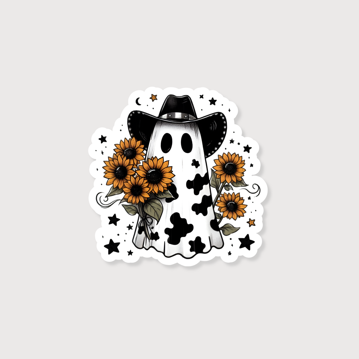 Sticker design of a ghost with sunflowers on a gray background