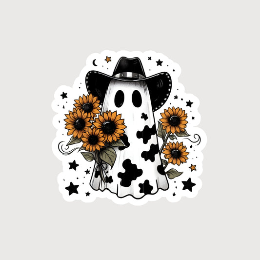 Black cow print ghost with cowboy hat holding sunflowers