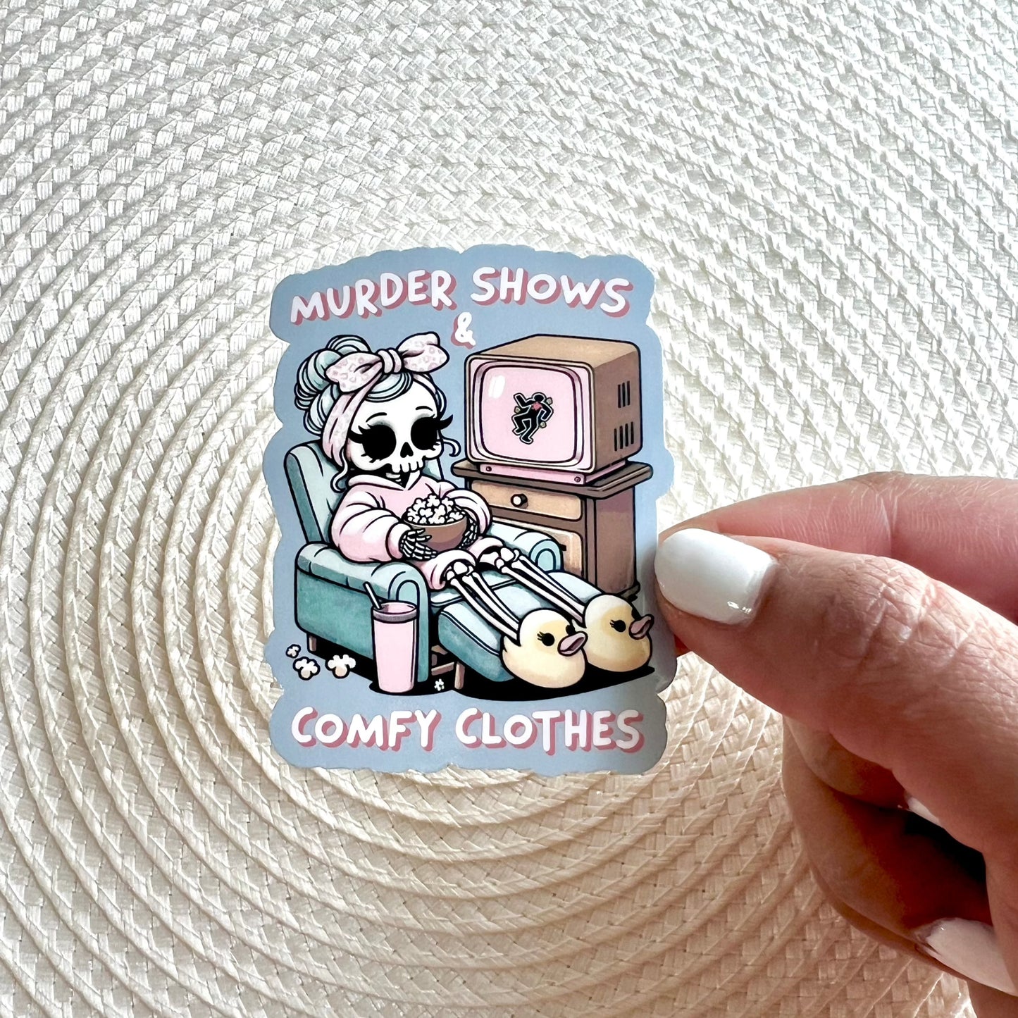 True Crime & Comfy Clothes Girly Sticker in Blue Grey