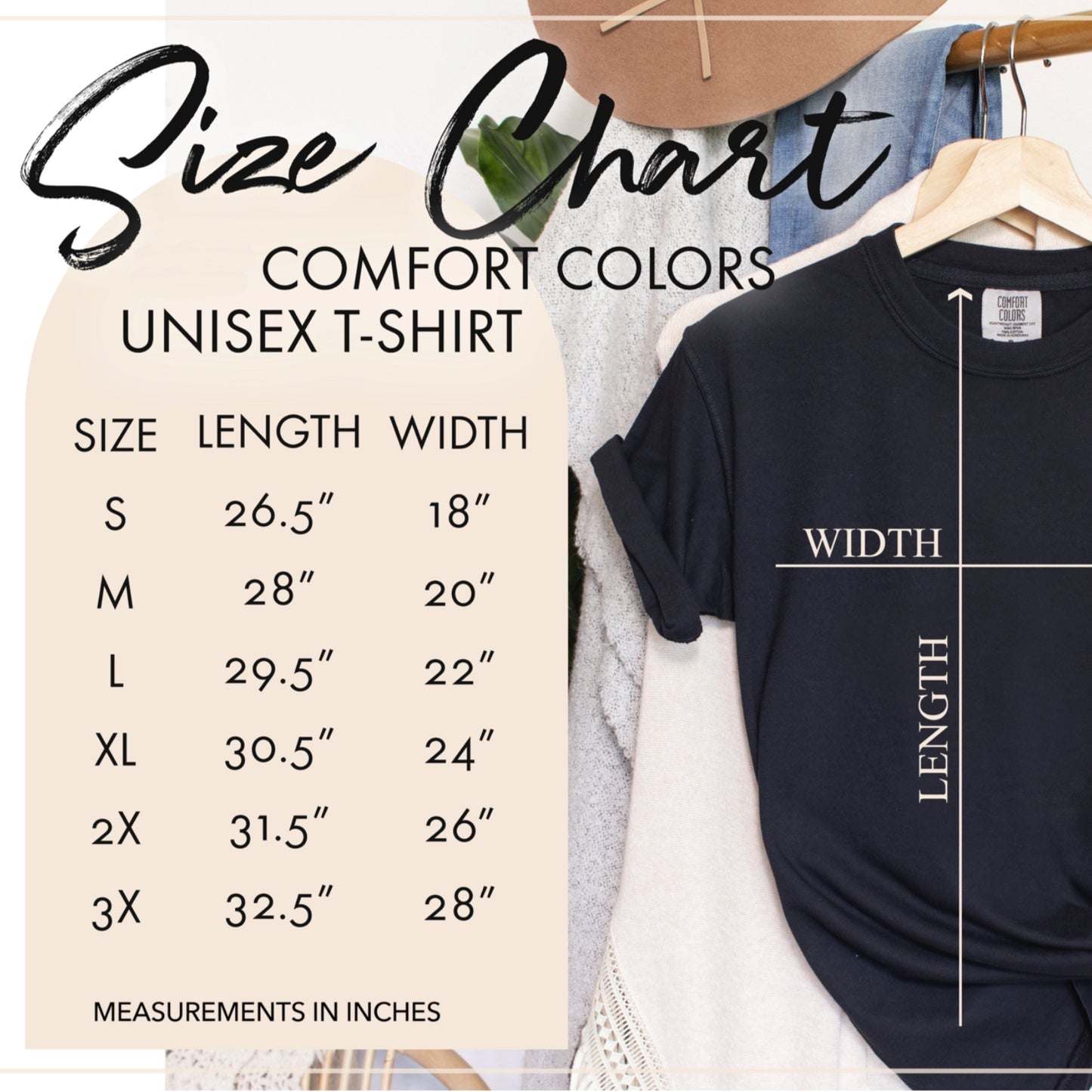 Unisex Comfort Colors T-Shirt Sizing Chart