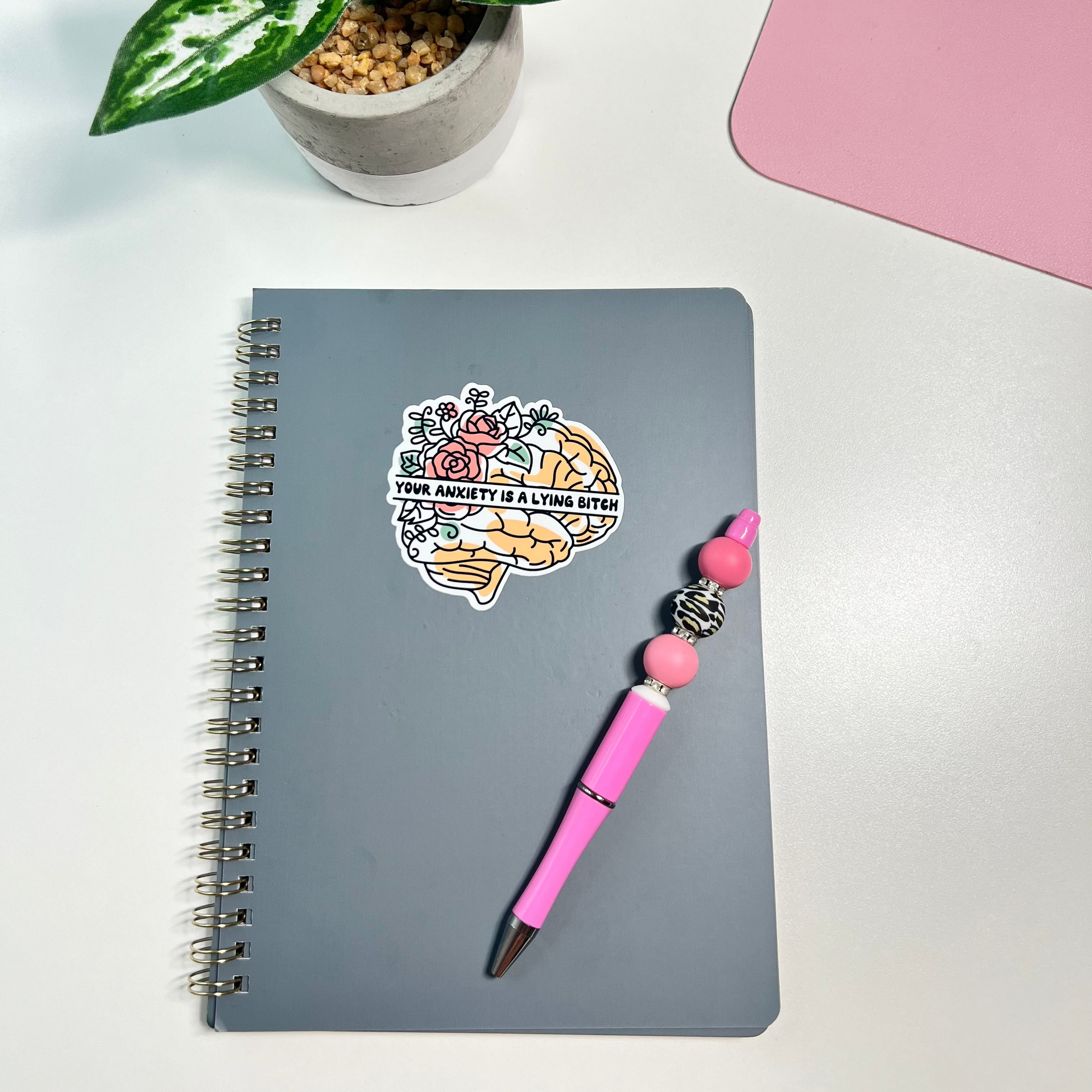 Gray notebook with a colorful brain illustration, pink pen, and potted plant on a light surface.